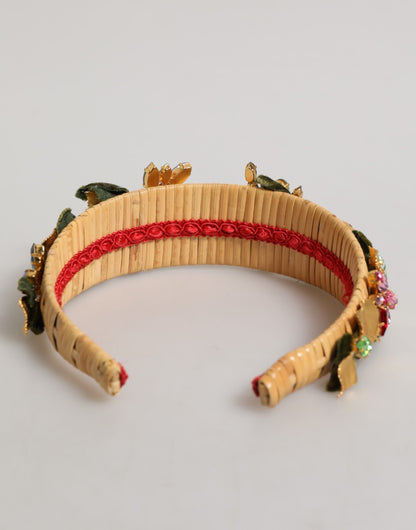 Bandeau pour cheveux Dolce &amp; Gabbana en velours doré et vert, avec fleurs et cristaux multicolores.