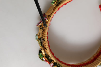 Bandeau pour cheveux Dolce &amp; Gabbana en velours doré et vert, avec fleurs et cristaux multicolores.