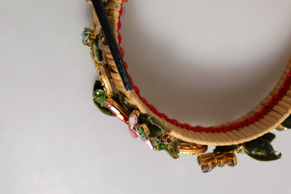 Bandeau pour cheveux Dolce &amp; Gabbana en velours doré et vert, avec fleurs et cristaux multicolores.