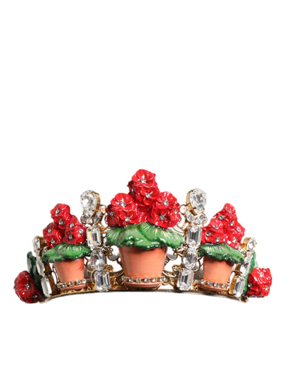 Diadème, bandeau, couronne en cristal doré et rouge à motifs floraux de Dolce &amp; Gabbana.