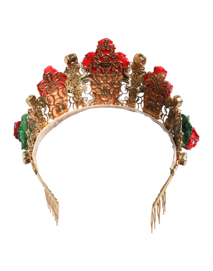 Diadème, bandeau, couronne en cristal doré et rouge à motifs floraux de Dolce &amp; Gabbana.