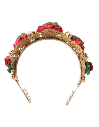 Diadème, bandeau, couronne en cristal doré et rouge à motifs floraux de Dolce &amp; Gabbana.