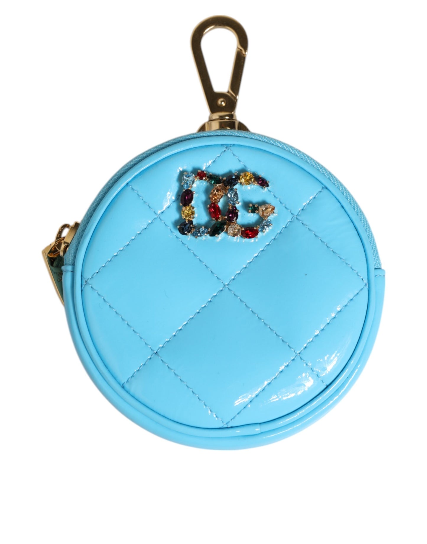 Porte-monnaie rond en cuir bleu azur Dolce &amp; Gabbana, avec logo en cristal et porte-clés.