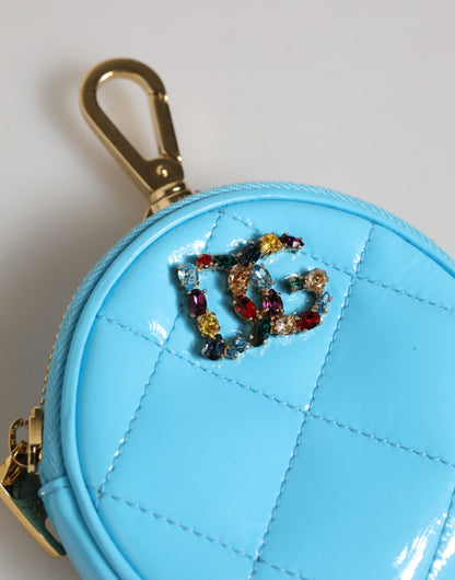 Porte-monnaie rond en cuir bleu azur Dolce &amp; Gabbana, avec logo en cristal et porte-clés.