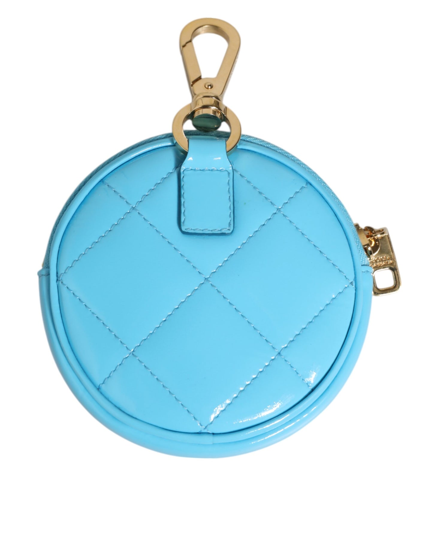 Porte-monnaie rond en cuir bleu azur Dolce &amp; Gabbana, avec logo en cristal et porte-clés.