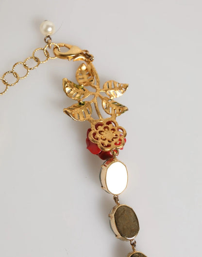 Dolce & Gabbana Red Rose Green Crystal Gold-Tone Chain Necklace