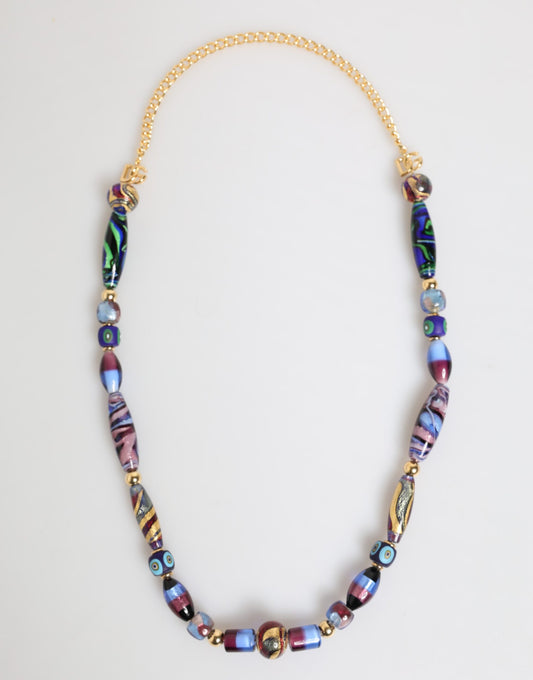 Collier Dolce &amp; Gabbana en chaîne en laiton doré avec perles de verre de Murano multicolores.