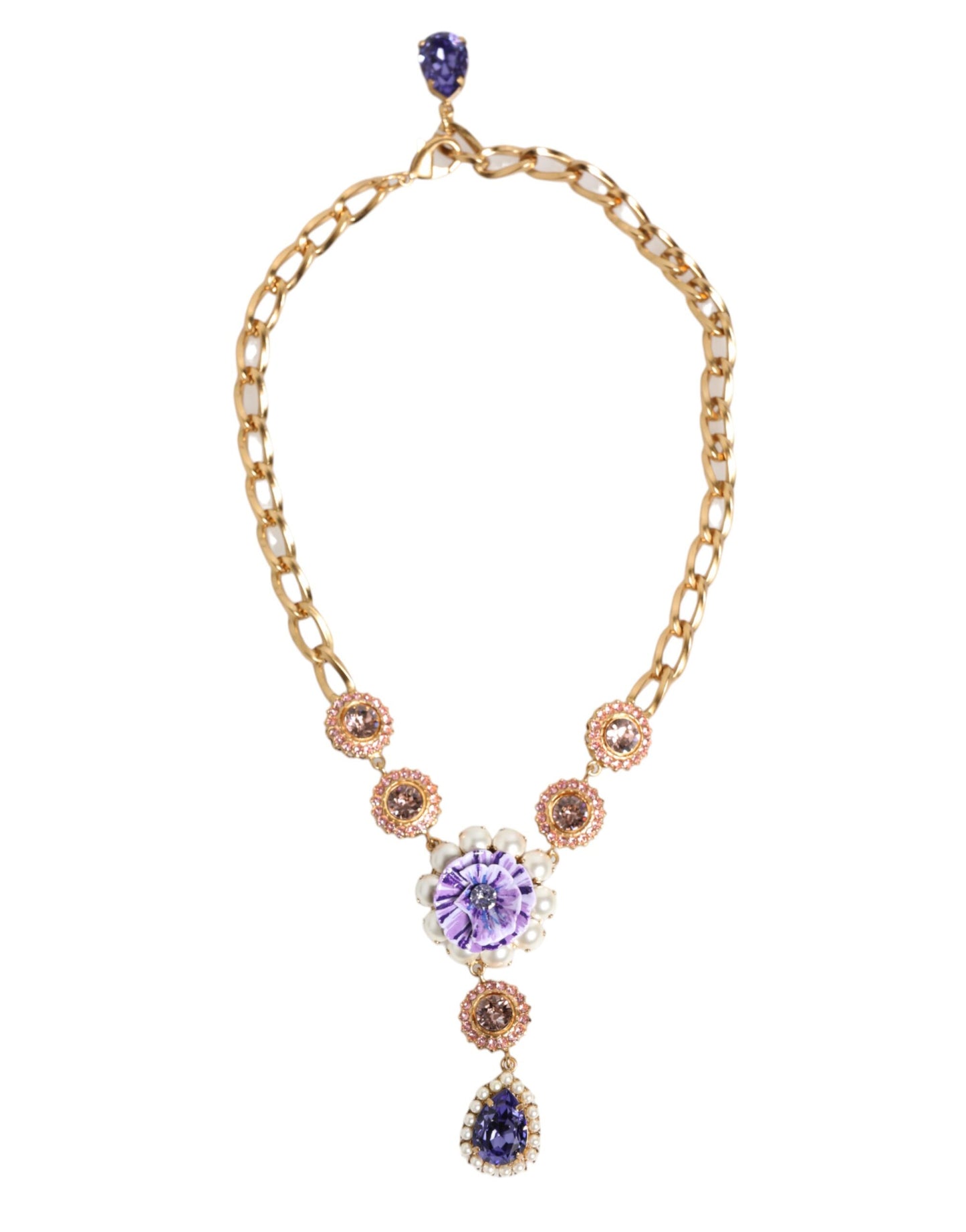 Collier pendentif Dolce &amp; Gabbana en laiton doré, perles de cristal, fleurs violettes.