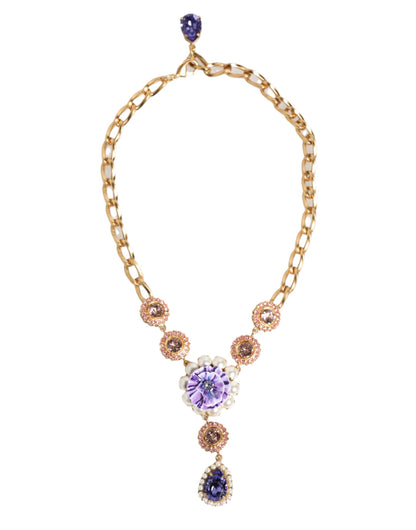 Collier pendentif Dolce &amp; Gabbana en laiton doré, perles de cristal, fleurs violettes.