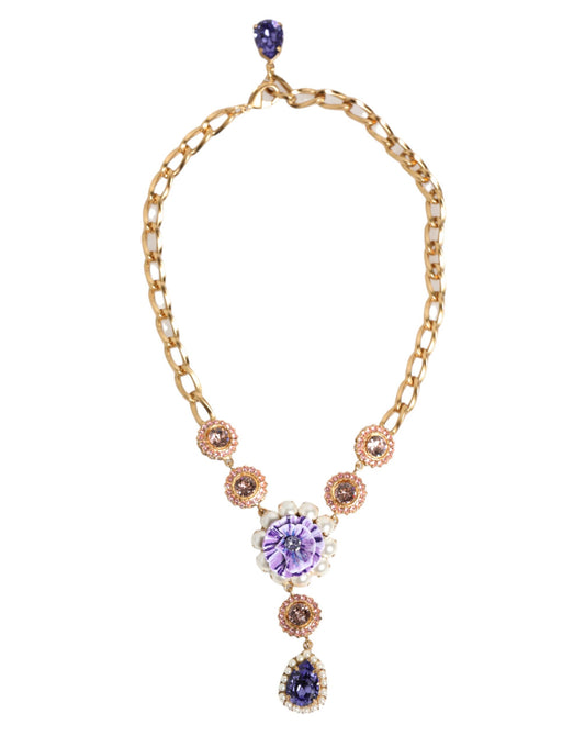 Collier pendentif Dolce &amp; Gabbana en laiton doré, perles de cristal, fleurs violettes.