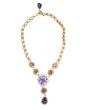 Collier pendentif Dolce &amp; Gabbana en laiton doré, perles de cristal, fleurs violettes.