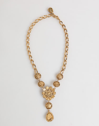 Collier pendentif Dolce &amp; Gabbana en laiton doré, perles de cristal, fleurs violettes.