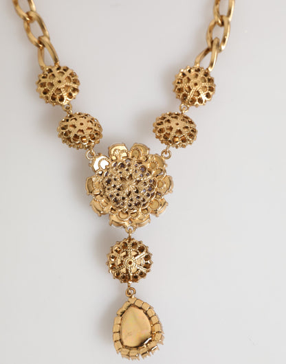 Collier pendentif Dolce &amp; Gabbana en laiton doré, perles de cristal, fleurs violettes.