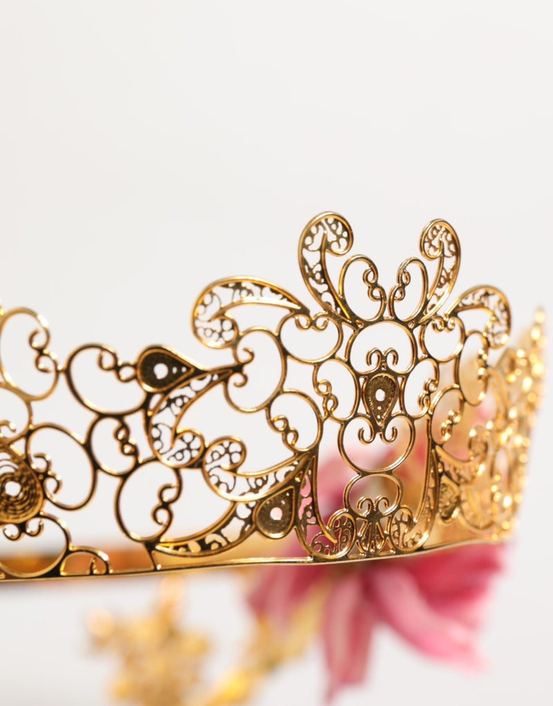 Dolce & Gabbana Gold Floral Tiara Headband with Pink Roses
