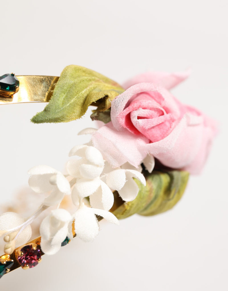 Dolce & Gabbana Gold Floral Tiara Headband with Pink Roses