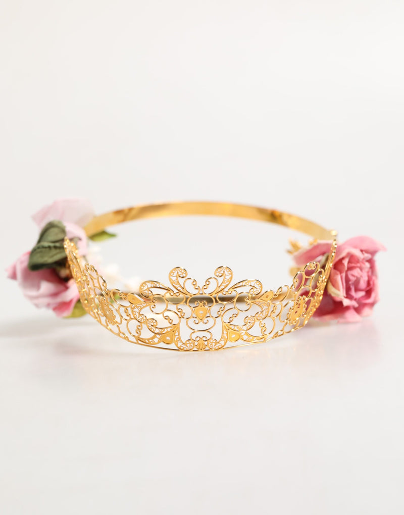 Dolce & Gabbana Gold Floral Tiara Headband with Pink Roses