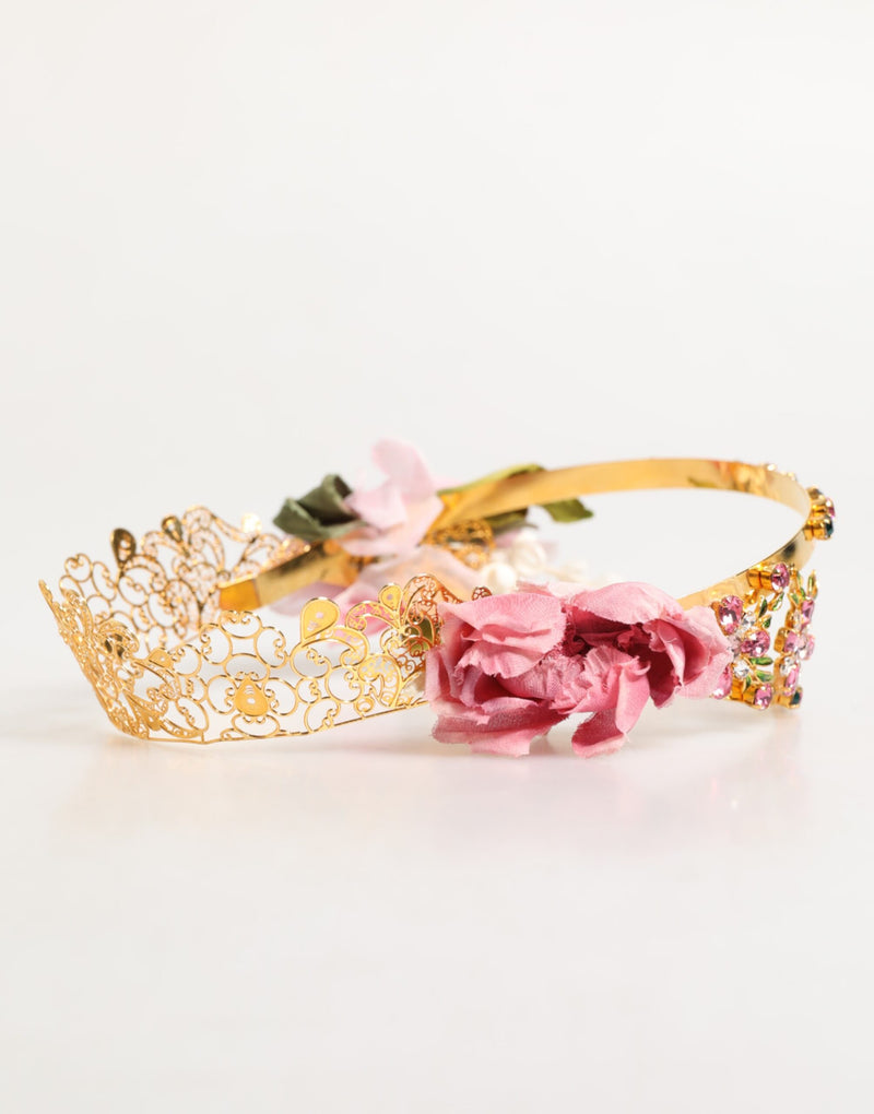 Dolce & Gabbana Gold Floral Tiara Headband with Pink Roses