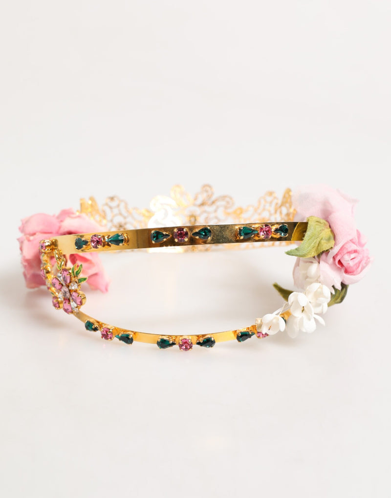 Dolce & Gabbana Gold Floral Tiara Headband with Pink Roses