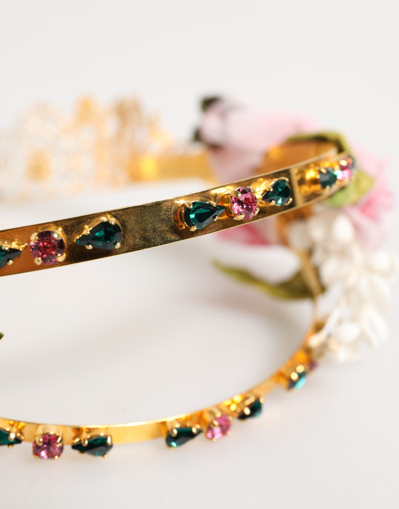 Dolce & Gabbana Gold Floral Tiara Headband with Pink Roses