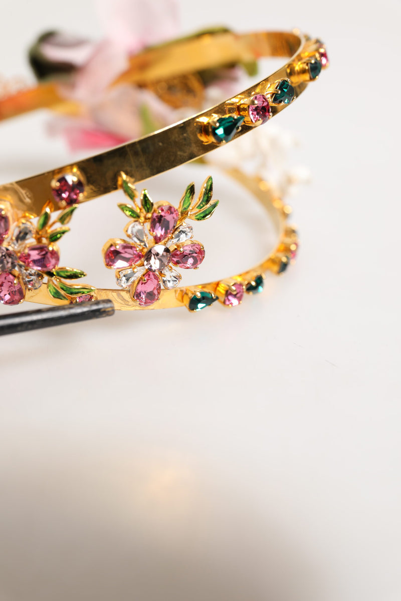 Dolce & Gabbana Gold Floral Tiara Headband with Pink Roses