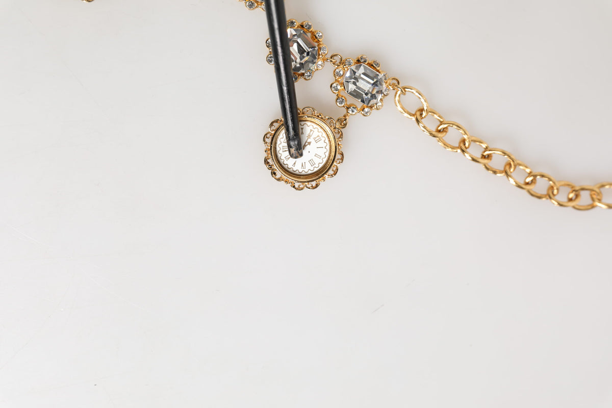 Dolce & Gabbana Gold Crystal Clock Face Pendant Necklace