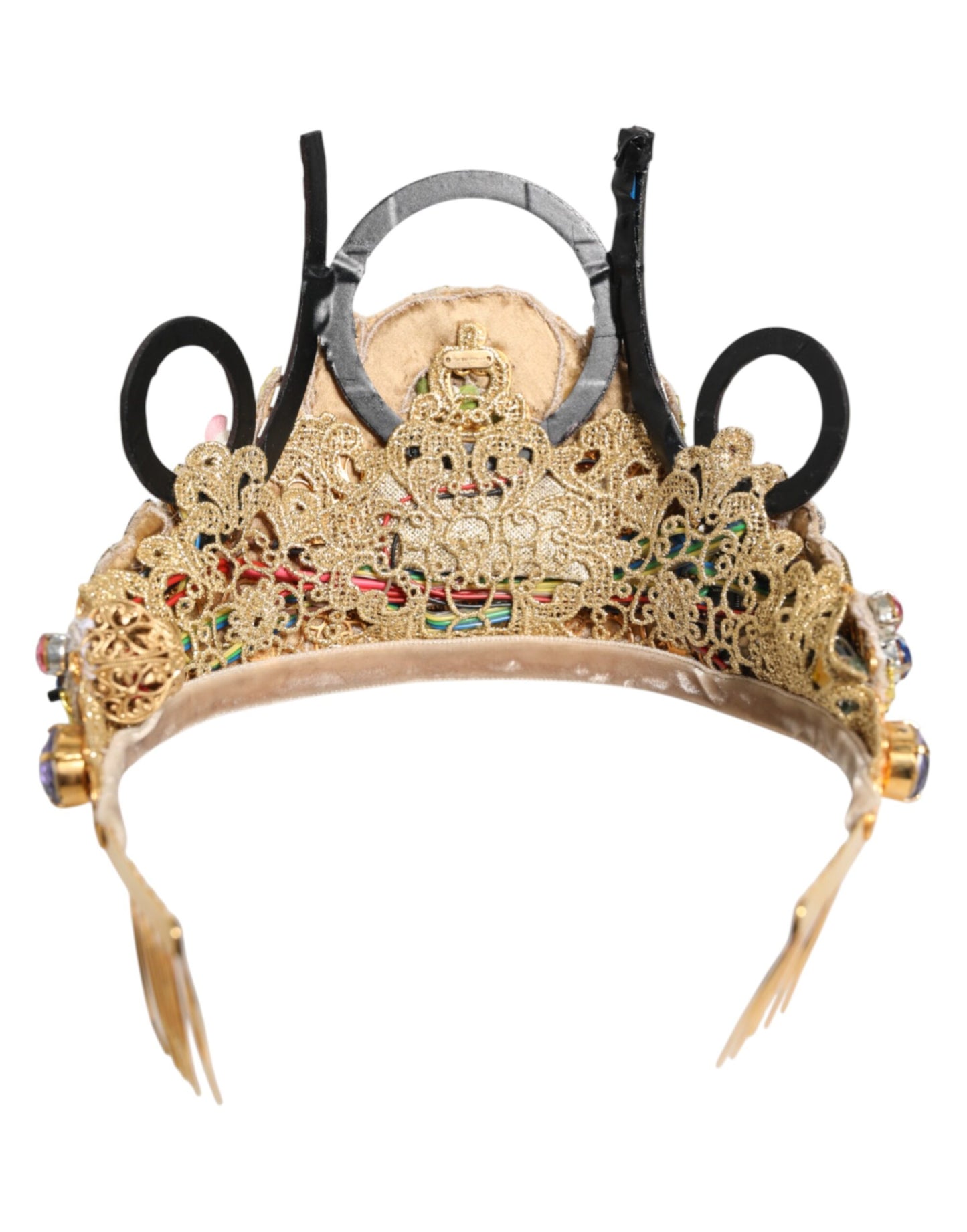 Diadème, couronne ou tiara Dolce &amp; Gabbana en laiton doré, ornements en cristal.