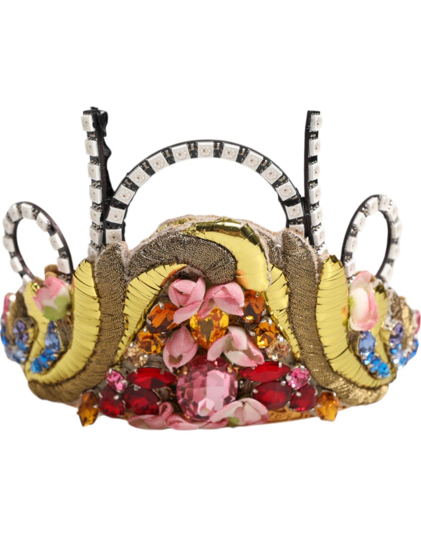 Diadème, couronne ou tiara Dolce &amp; Gabbana en laiton doré, ornements en cristal.