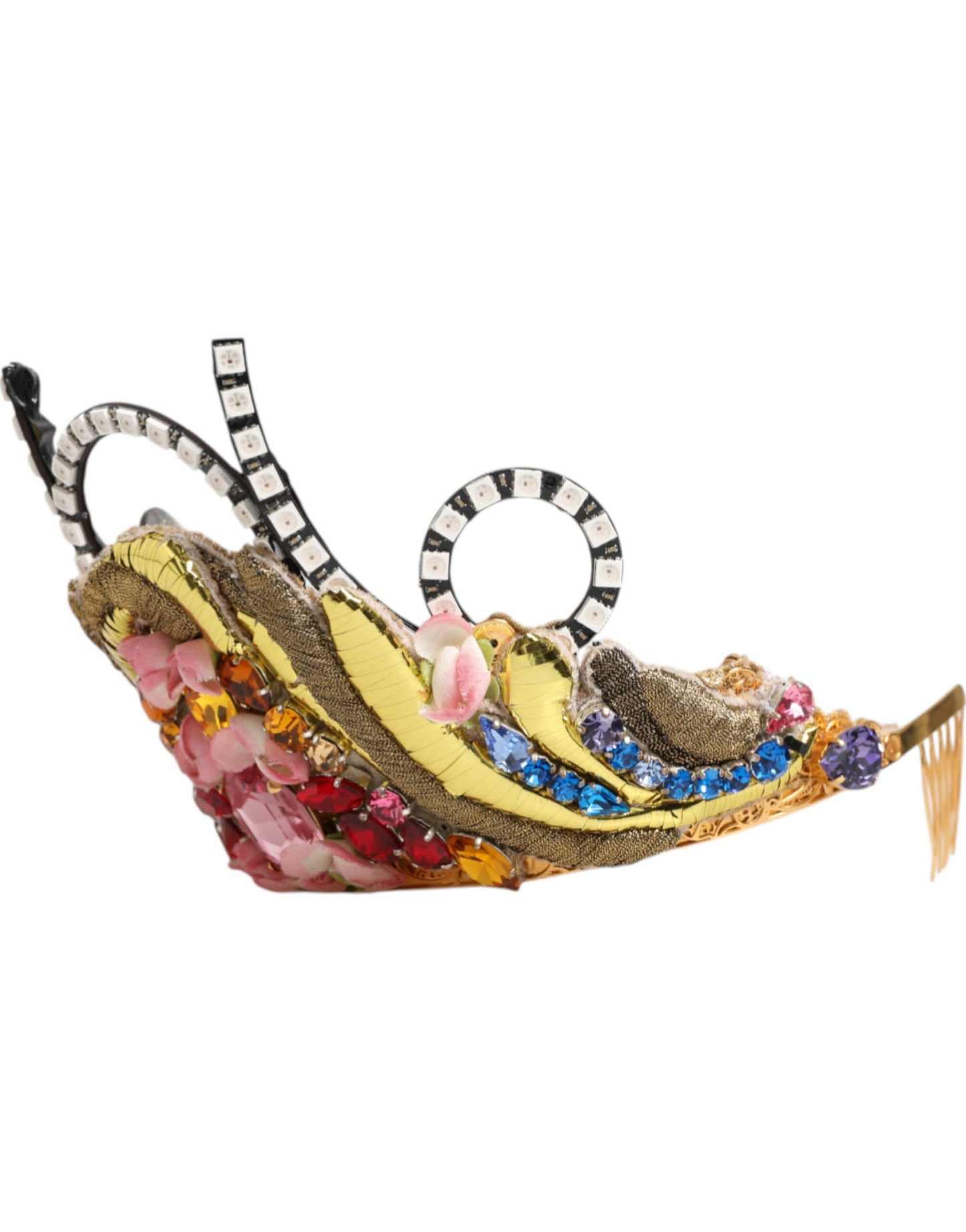Diadème, couronne ou tiara Dolce &amp; Gabbana en laiton doré, ornements en cristal.