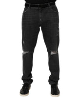 Jean Dolce &amp; Gabbana noir en coton, coupe slim, déchiré et orné du logo