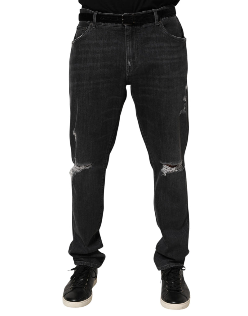 Dolce &amp; Gabbana Zwarte Katoenen Slim Fit Versleten Ripped Logo Jeans