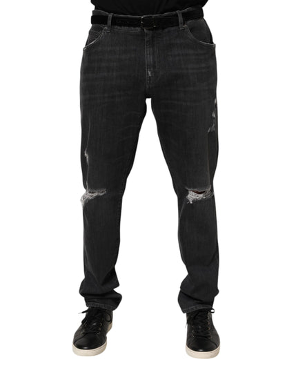 Dolce & Gabbana Black Cotton Slim Fit Distressed Ripped Logo Jeans