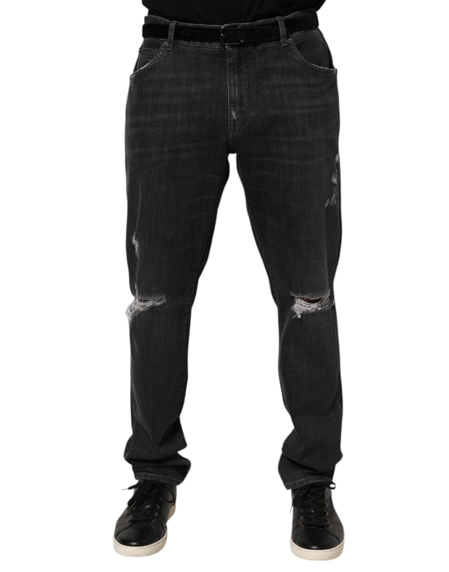 Jean Dolce &amp; Gabbana noir en coton, coupe slim, déchiré et orné du logo