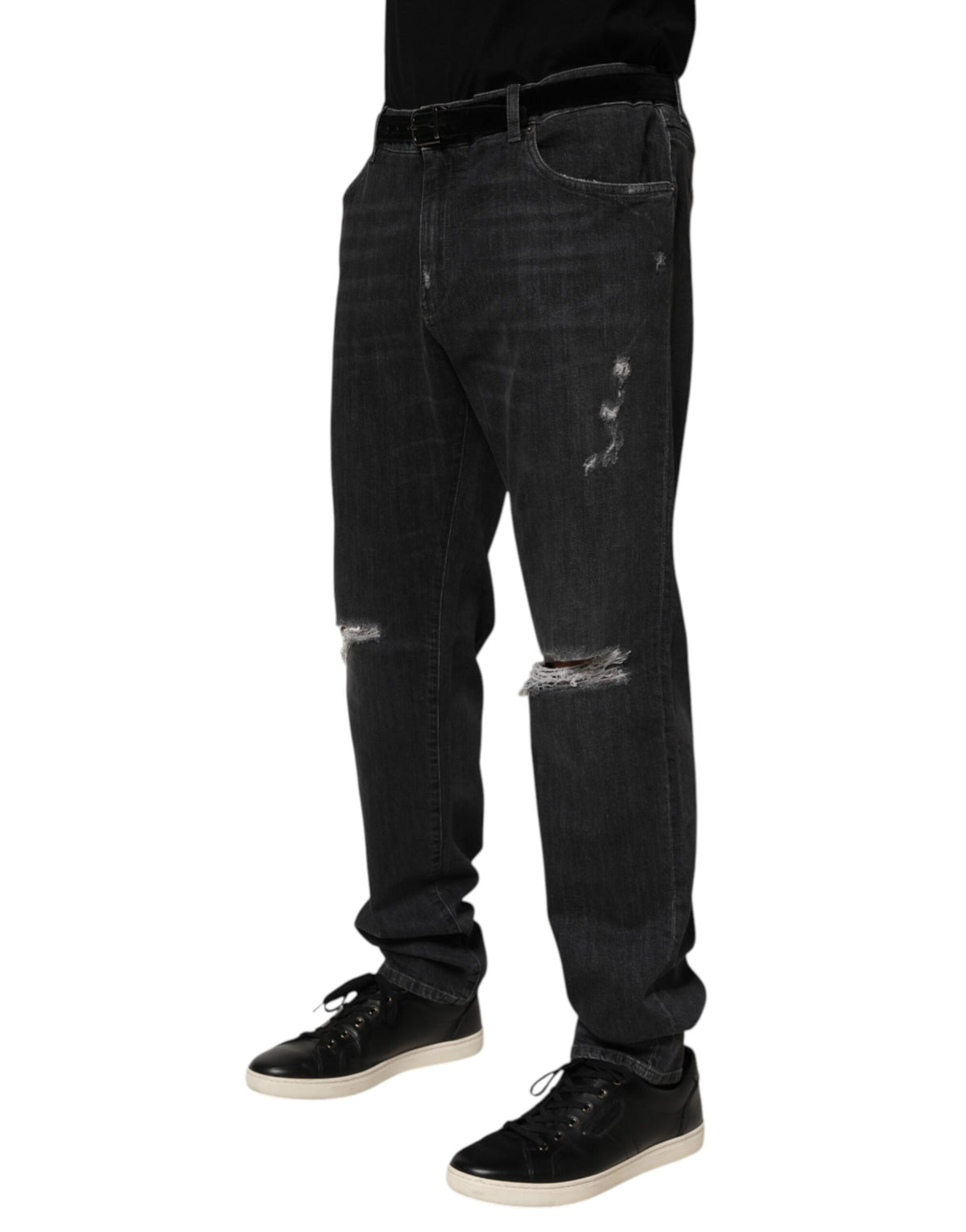 Jean Dolce &amp; Gabbana noir en coton, coupe slim, déchiré et orné du logo
