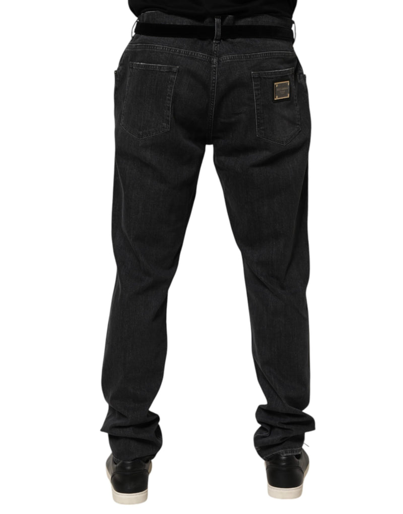 Dolce &amp; Gabbana Zwarte Katoenen Slim Fit Versleten Ripped Logo Jeans