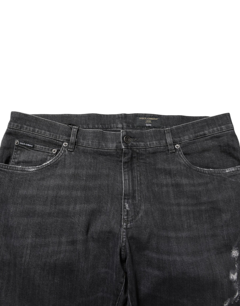 Dolce &amp; Gabbana Zwarte Katoenen Slim Fit Versleten Ripped Logo Jeans