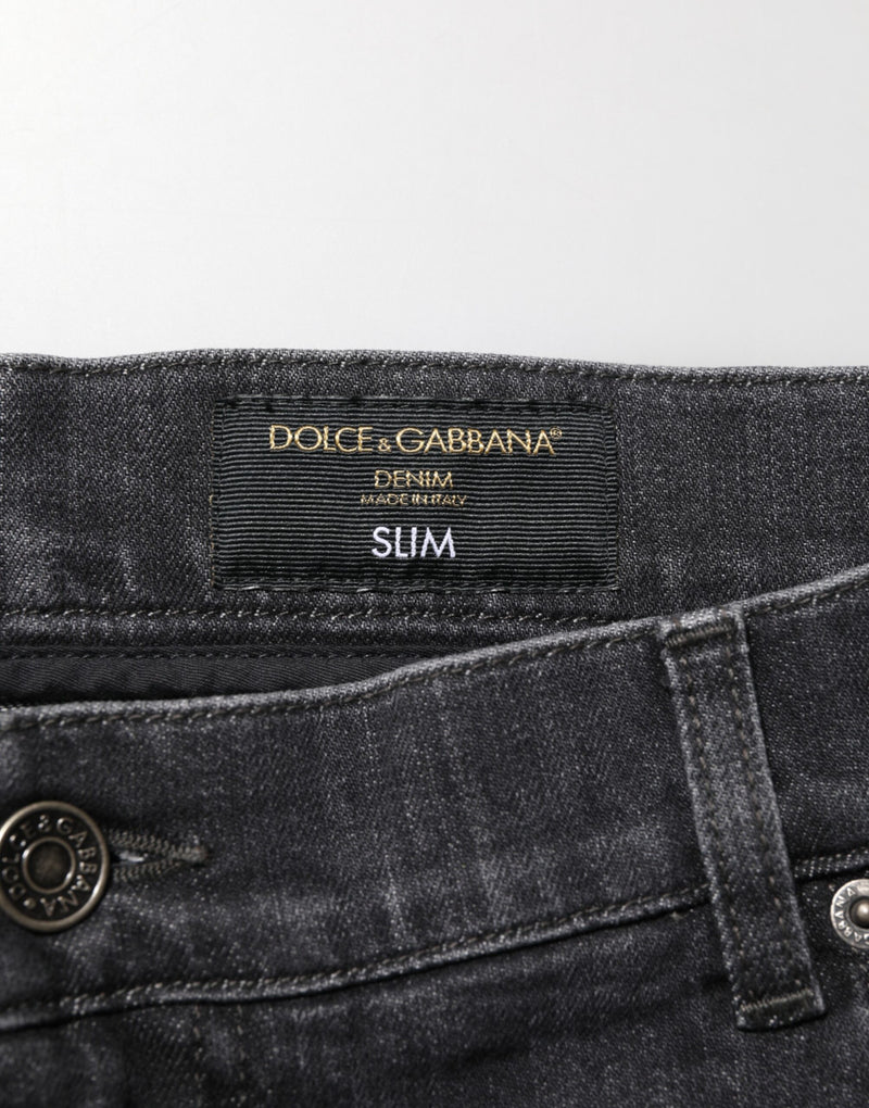 Dolce &amp; Gabbana Zwarte Katoenen Slim Fit Versleten Ripped Logo Jeans