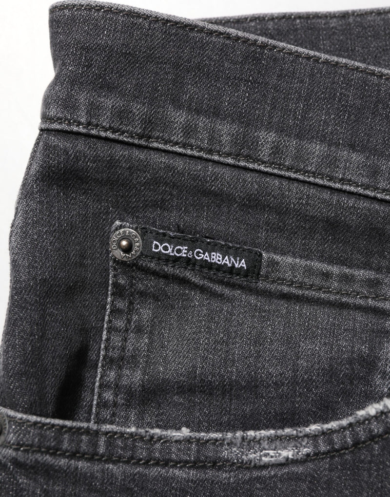 Dolce &amp; Gabbana Zwarte Katoenen Slim Fit Versleten Ripped Logo Jeans