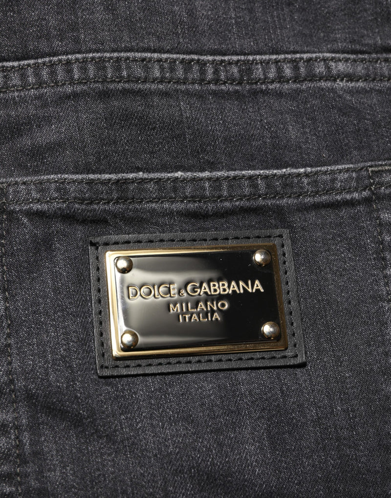 Dolce &amp; Gabbana Zwarte Katoenen Slim Fit Versleten Ripped Logo Jeans