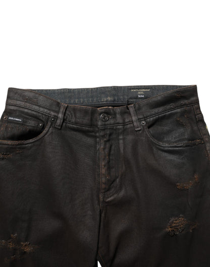 Dolce & Gabbana Dark Brown Tattered Cotton Skinny Denim Jeans