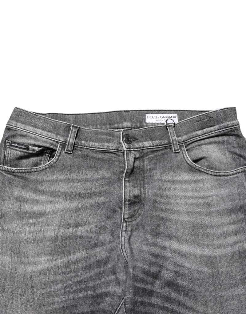 Dolce & Gabbana Grey Cotton Denim Slim Fit Distressed Pants Jeans