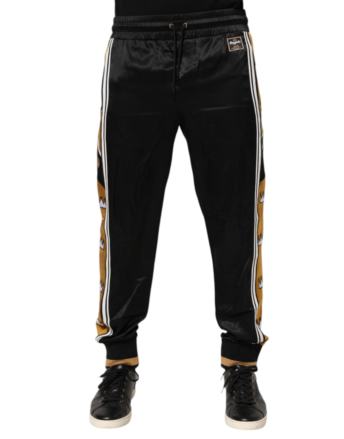 Pantalon de jogging Dolce &amp; Gabbana noir et or satiné avec bande latérale et couronne