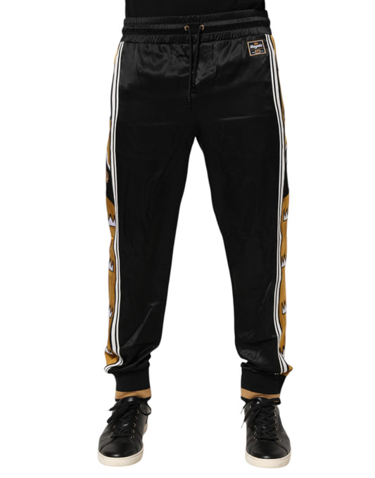 Dolce &amp; Gabbana Zwarte Goud Satijnen Kroon Zijstreep Joggingbroek