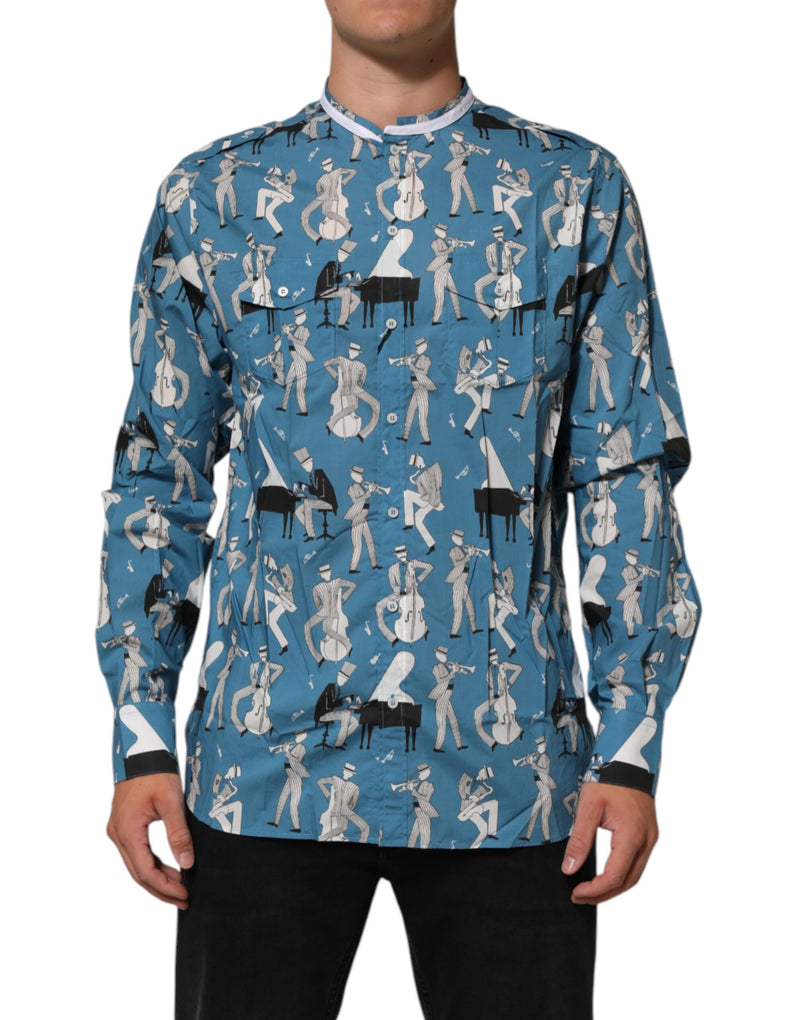 Chemise Dolce &amp; Gabbana bleue imprimée jazz en coton boutonné sur le devant