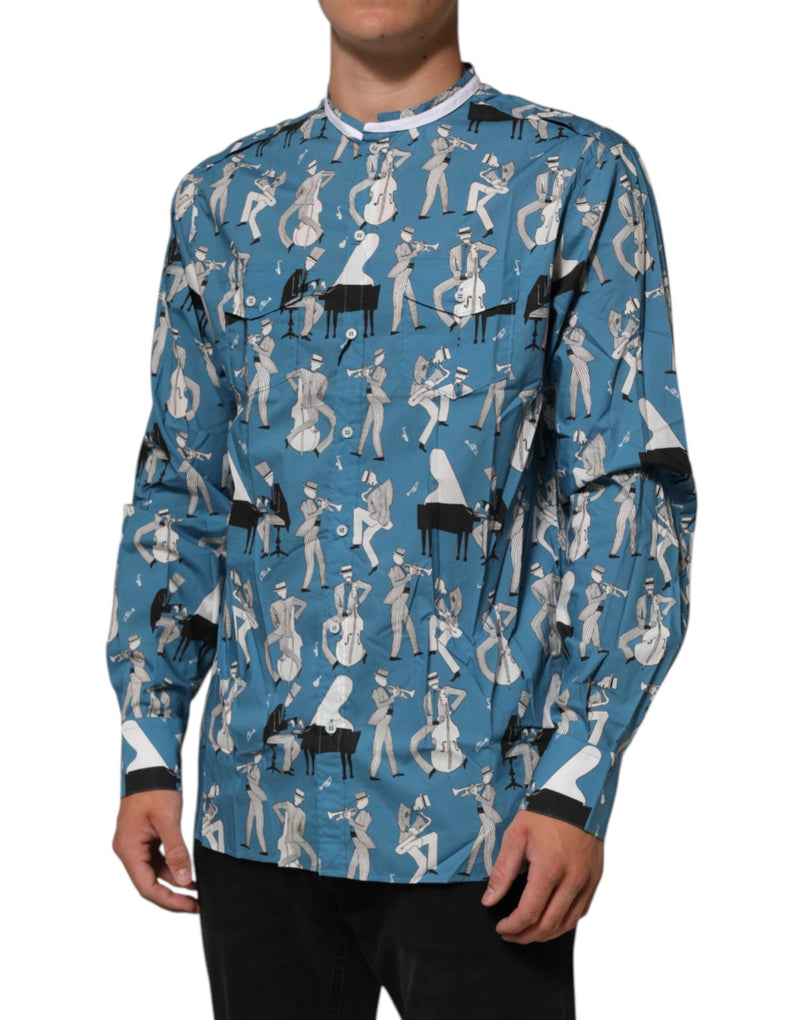 Chemise Dolce &amp; Gabbana bleue imprimée jazz en coton boutonné sur le devant