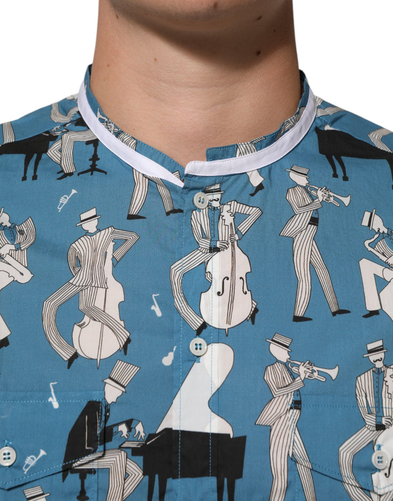 Chemise Dolce &amp; Gabbana bleue imprimée jazz en coton boutonné sur le devant