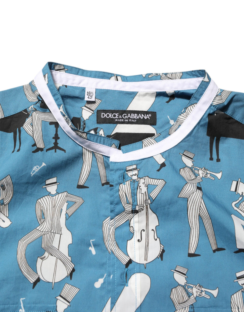 Chemise Dolce &amp; Gabbana bleue imprimée jazz en coton boutonné sur le devant