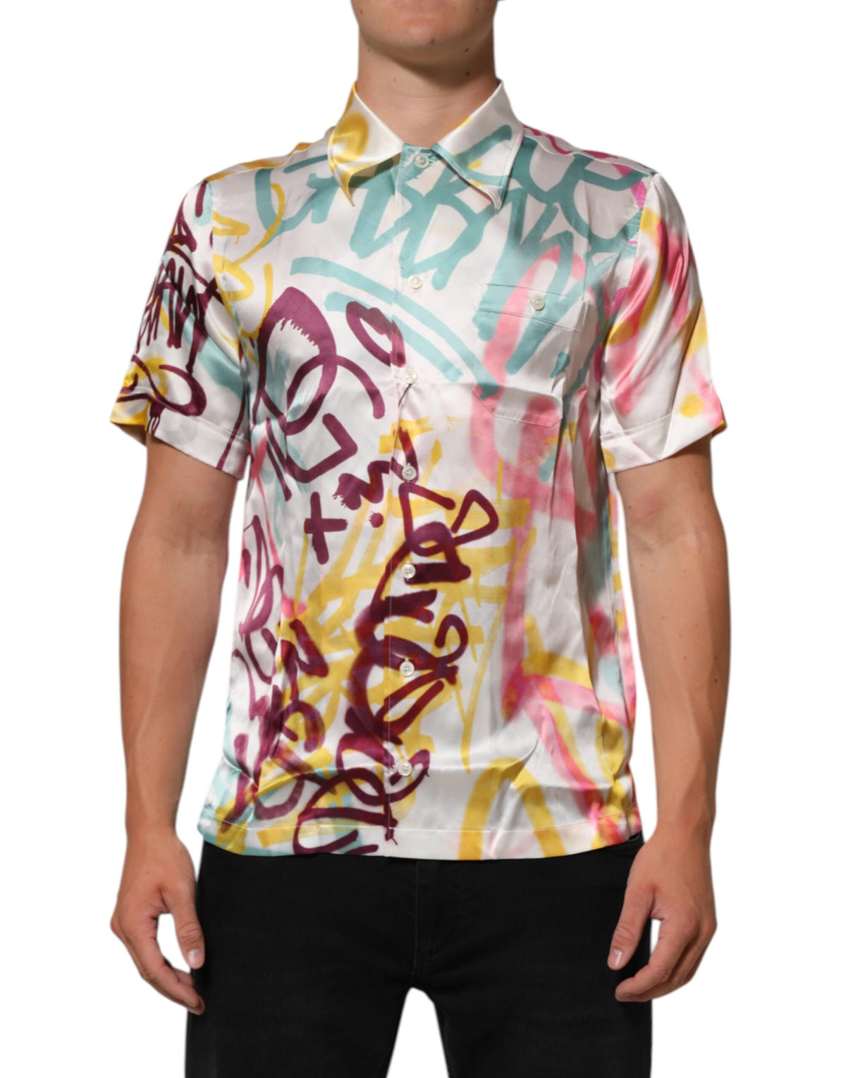 Chemise décontractée pour homme Dolce &amp; Gabbana en soie blanche à imprimé graffiti hawaïen
