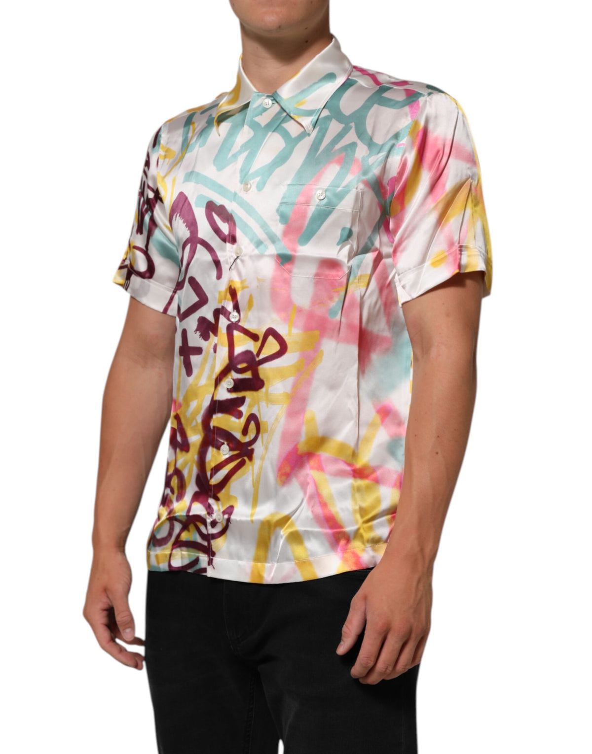Chemise décontractée pour homme Dolce &amp; Gabbana en soie blanche à imprimé graffiti hawaïen