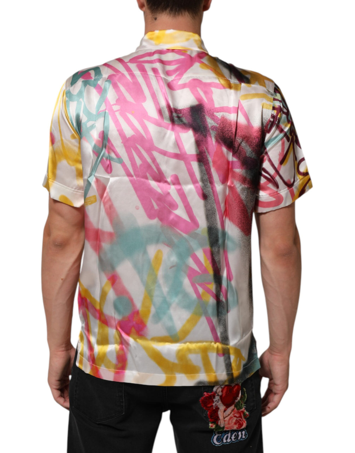 Chemise décontractée pour homme Dolce &amp; Gabbana en soie blanche à imprimé graffiti hawaïen
