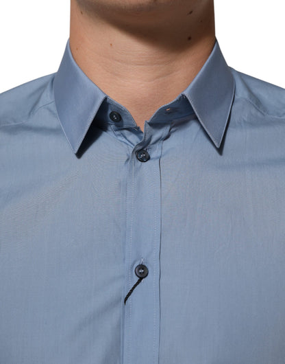 Dolce & Gabbana Blue Cotton Collared GOLD Formal Dress Shirt